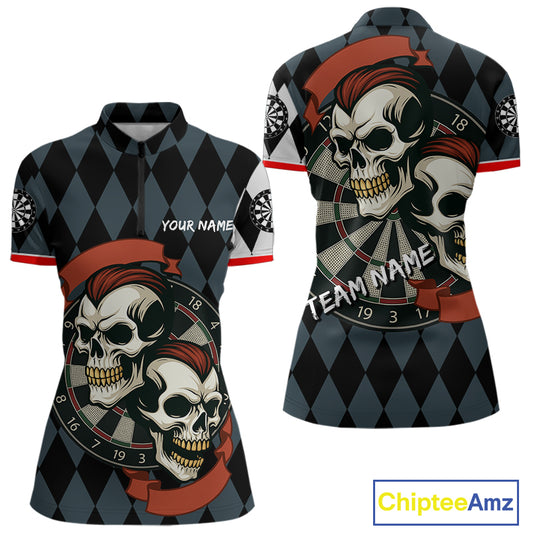 Red-Haired Skulls With Dartboard Women's Navy Darts Shirt - Custom Name For Players NYN0520