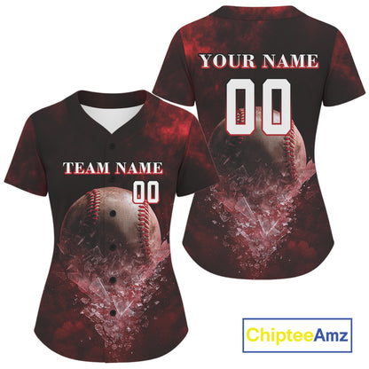 Custom Black & Red Cracked Baseball Ball Shirt For Women Outfits Youth Baseball Team Jersey NYN1054