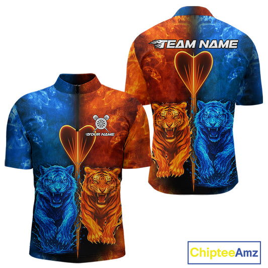 Water-Flame Tiger Dart Arrow Men's Darts 1/4-Zip Shirt - Custom Name For Darts Jersey NYN0757