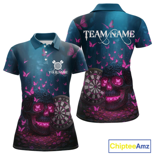 Custom Blue And Pink Butterflies Skull Dart Shirt For Women Romantic Darts Team Jerseys NYN1070