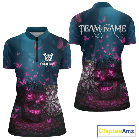 Custom Blue And Pink Butterflies Skull Dart Shirt For Women Romantic Darts Team Jerseys NYN1070