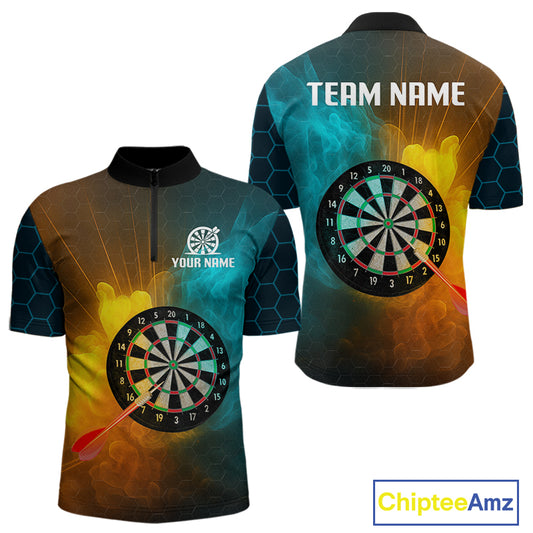 Turquoise & Yellow Smoke Dartboard Darts Shirt For Men - Custom Name & Team Jersey NYN0587