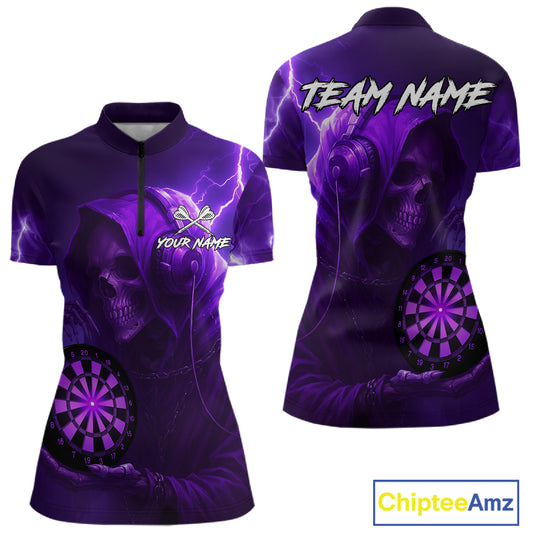 Custom Funny Skull Darts Shirt For Women Personalized Purple Dartboard Dart Team Jerseys NYN1159