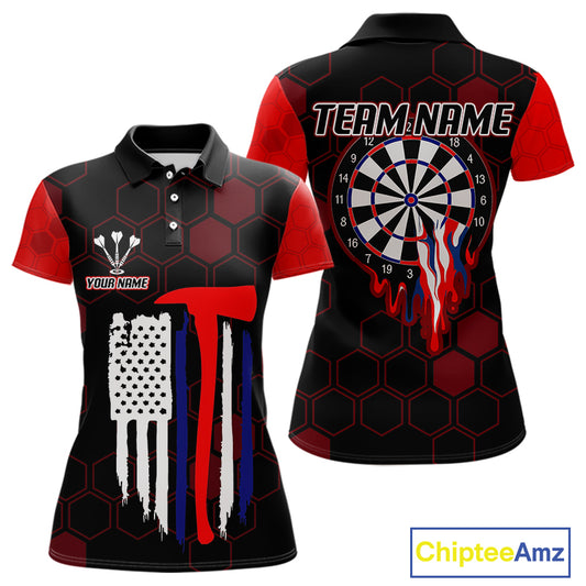 Red Dripping Dartboard & US Flag Women's Darts Polo Shirt - Custom Name For Dart Players NYN0800