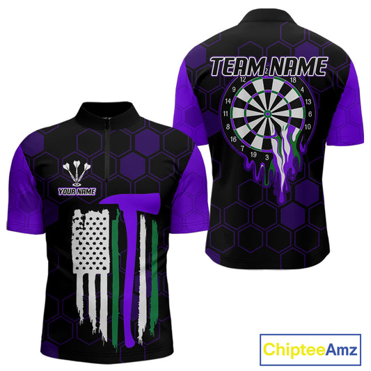 Purple Dripping Dartboard & US Flag Men's Darts 1/4-Zip Shirt - Custom Name For Dart Players NYN0801