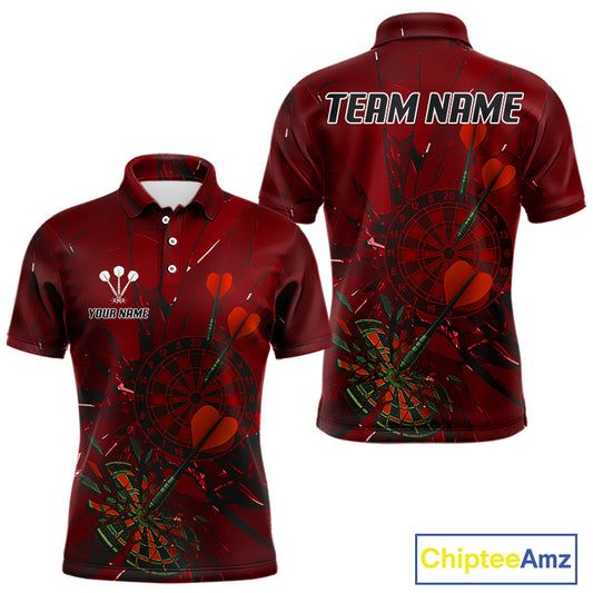 Cracked Dartboard Broken Glass Men's Darts Shirt Custom Name & Team | Opt2 - Red NYN0654
