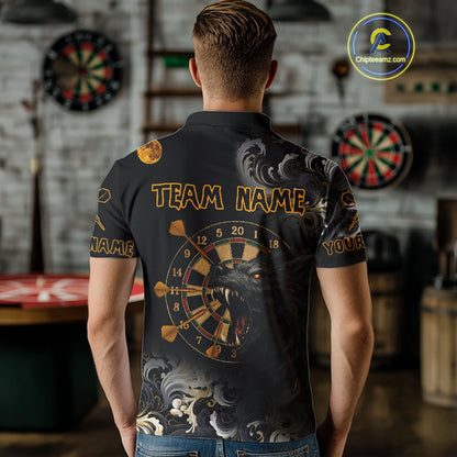 Black Ferocious Wolf & Gold Dartboard Darts Team Shirt For Men - Customizable Name NYN0389