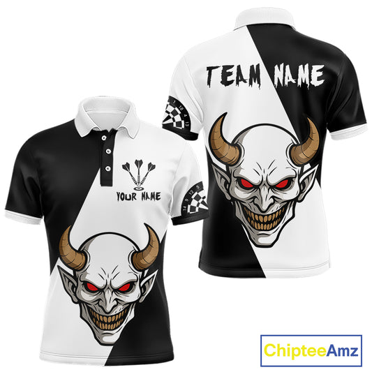 White Evil Horned Skull Funny Darts Shirt For Men - Customizable Name & Team NYN0395