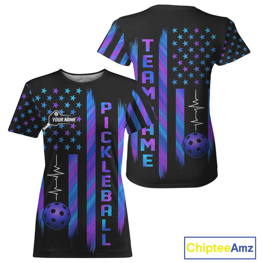 Custom Holographic Patriotic Pickleball T-Shirt For Women US Flag Pickleball Ball Jerseys NYN1271