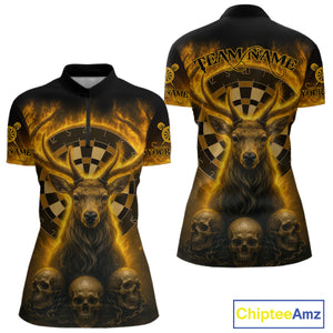 Custom Yellow Flames Deer Dartboard 1/4-Zip Dart Shirt Flame Skull Dart Jersey For Women NYN1314