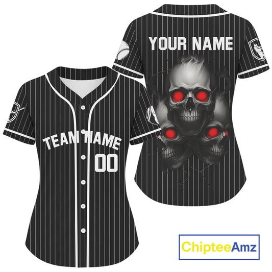 Custom Red And Grey Skull Baseball Jersey For Women Pinstripe Baseball Shirt Youth Outfit NYN0913