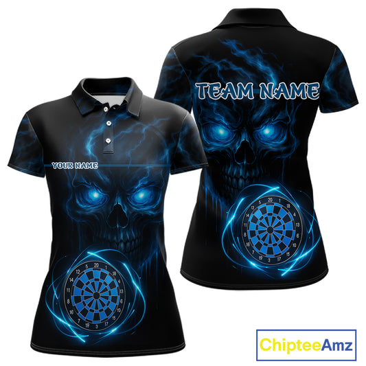 Custom Lightning Blue Skull Dartboard Polo Dart Shirt For Women Outfit Skull Dart Team Jerseys NYN0928