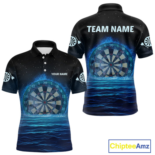 Men’s Personalized Darts Shirts With Navy Ocean, Stars Sky And Glowing Dartboard NYN0259