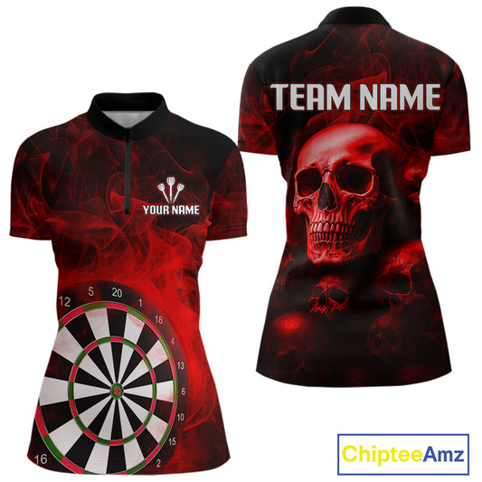 Red Smoke Dartboard & Multi Skulls Women's Darts Shirt - Custom Name For Players NYN0572
