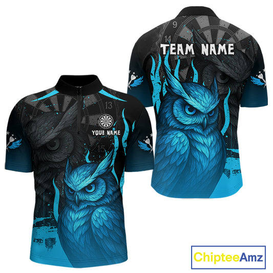 Men’s Darts Shirt With Navy Owl And Grunge Dartboard, Custom Name Option NYN0305