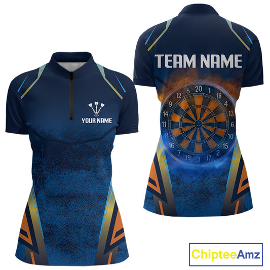 Women’s Custom Darts Team Shirt With Blue Grunge Texture And Fiery Dartboard NYN0312