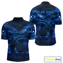 Load image into Gallery viewer, Men&#39;s Custom Darts Shirt - Cobalt Lightning Shark In Ocean With Dartboard And Arrow NYN0330