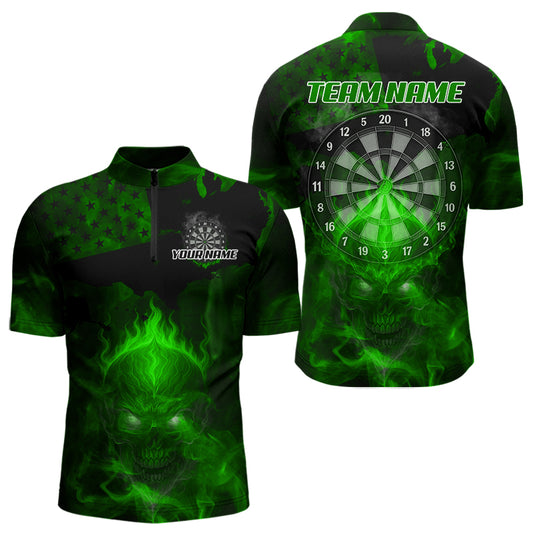US Flag & Skull Custom Patriotic Green Dart 1/4-Zip Shirts For Men, Dart Team Jerseys NYN0786