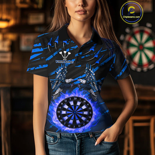 Flaming Darts & US Flag Eagle Women's Blue Darts Polo Shirt - Custom Name For Dart Players NYN0803