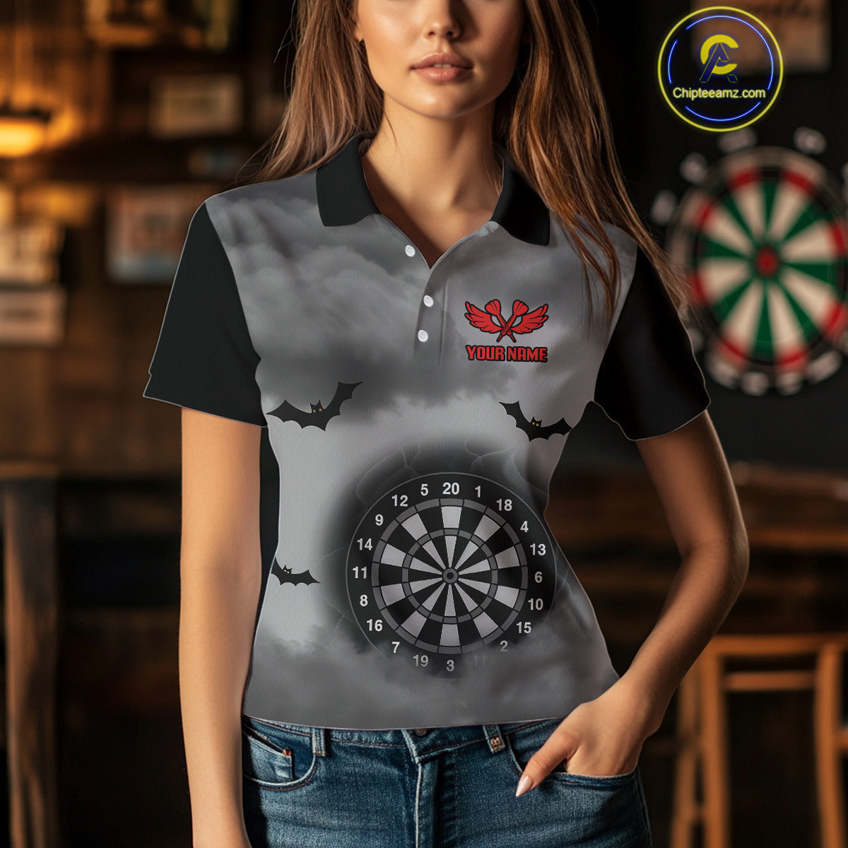 Grim Reaper With Grey Smoke Black Dartboard Darts Shirt For Women - Custom Darts Jersey NYN0535