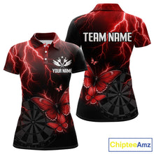 Load image into Gallery viewer, Custom Women's Polo Darts Shirt With Maroon Lightning &amp; Glowing Butterfly, Darts Jersey NYN1019