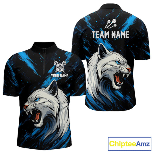 Men's Custom Darts Shirt - Ivory Panther With Dartboard & Blue Grunge Pattern NYN0331