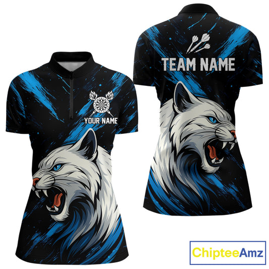 Women's Custom Darts Shirt - Ivory Panther With Dartboard & Blue Grunge Pattern NYN0331