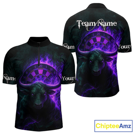 Purple Flaming Dartboard & Bull Darts Shirt For Men - Custom Name & Team Jersey NYN0606