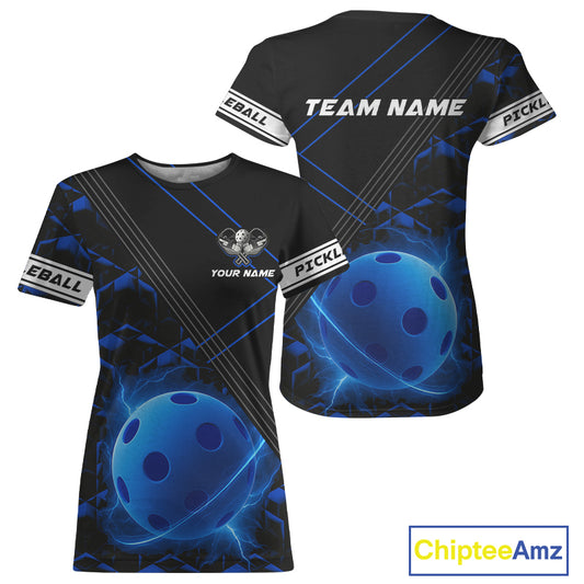 Custom Black And Lightning Blue Pickleball Ball T-Shirt For Women Outfits Pickleball Jerseys NYN1341