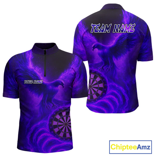 Men's Darts 1/4-Zip Shirt Personalized Flaming Phoenix Dartboard Darts Jersey | Purple NYN1026