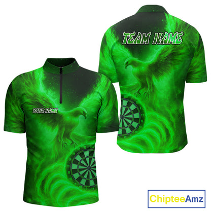 Men's Darts 1/4-Zip Shirt Personalized Flaming Phoenix Dartboard Darts Jersey | Green NYN1027