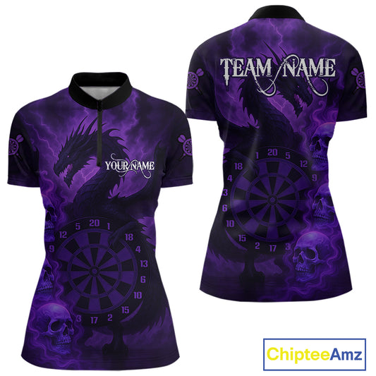 Custom Skull Dragon Purple Dartboard Women Polo & 1/4-Zip Dart Shirt, Darts Team Jerseys NYN1090