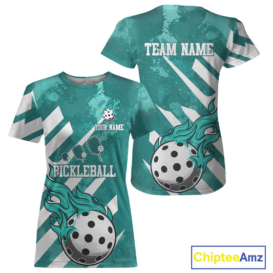 Custom Women's Turquoise Flame Pickleball Ball T-Shirt Grunge Pickleball Jerseys NYN1266