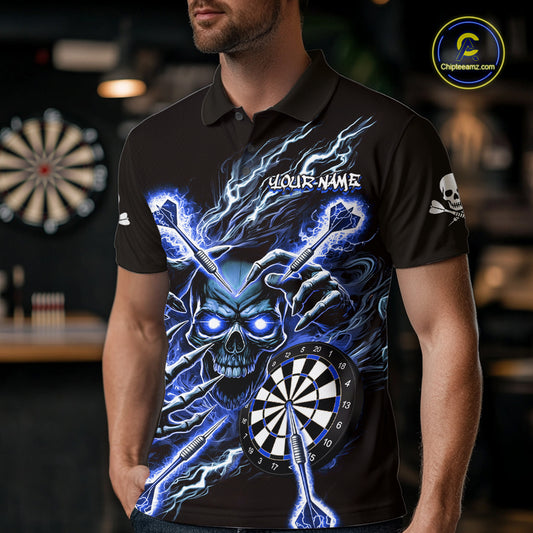 Personalized Blue Skeleton Thunder Lightning Men Dart Polo Shirts Skull Dart Jerseys NYN2120