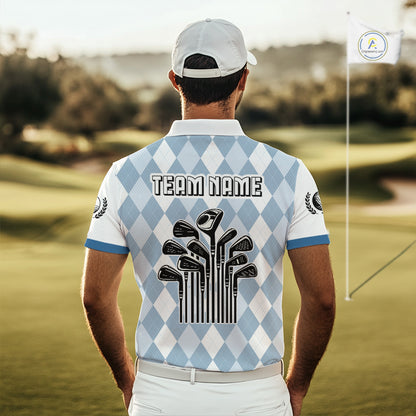 Mens Argyle Pattern Golf Polo Shirts, Blue Argyle Golf Attire Custom Golf Clubs Pattern Upf Shirts NYN2999