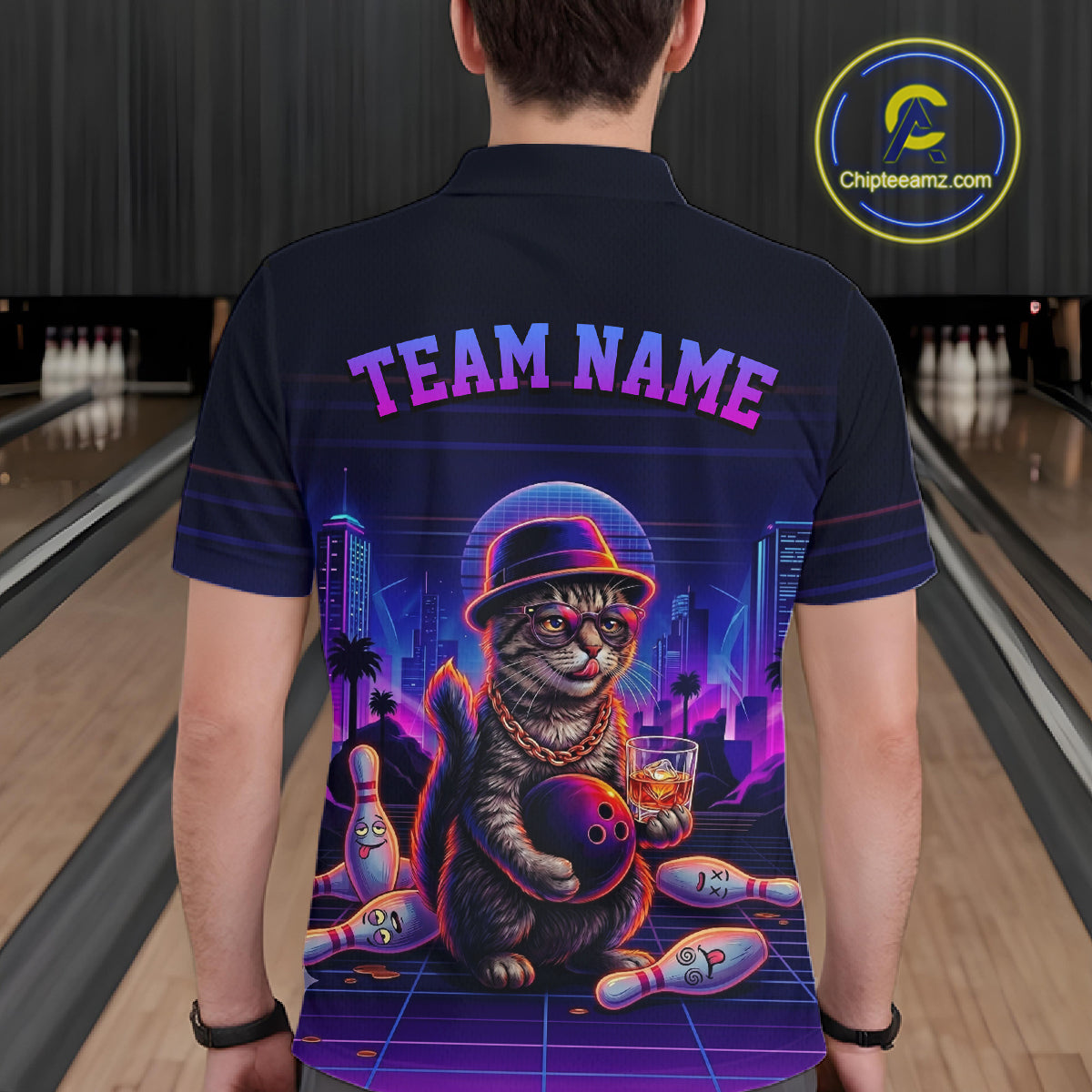 Whisky Cat Funny Bowling Shirts For Men Custom Neon Bowling Polo & Quarter-Zip Jerseys NYN3416