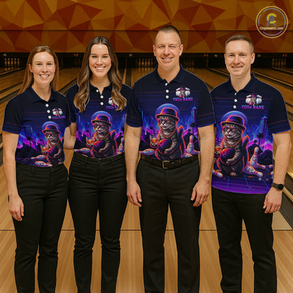 Whisky Cat Funny Bowling Shirts For Men Custom Neon Bowling Polo & Quarter-Zip Jerseys NYN3416
