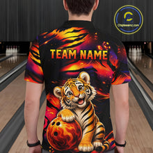 Load image into Gallery viewer, Male bowler wearing tiger fire bowling jersey during USBC championship, premium athletic apparel for wildlife lovers, symbolizing strength, discipline and fearless ambition.