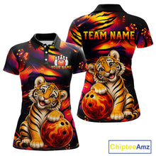 Load image into Gallery viewer, Women's bowling polo featuring fierce tiger with colorful claws and fire flames, personalized bowling apparel for wildlife lovers, martial arts fans and big cat enthusiasts, symbolizing strength, courage, leadership and fearless ambition.