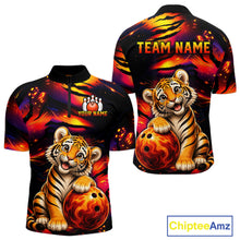 Load image into Gallery viewer, Men's quarter-zip bowling jersey featuring tiger fire flame graphics, breathable performance bowling apparel symbolizing power, courage, victory and unstoppable spirit.