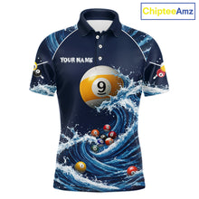 Load image into Gallery viewer, Blue Waving men's custom 9 Ball pool polo jersey, billiards team apparel, cue sports uniform, professional tournament shirt