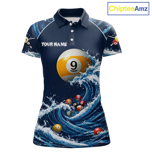 Blue Waving women's 9 Ball pool polo shirt, custom billiard team apparel, cue sports jersey, tournament uniform, league championship clothing