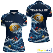 Load image into Gallery viewer, Funny Shark Blue women's quarter zip billiard jersey, 8 Ball 9 Ball pool shirt, custom cue sports tournament apparel, personalized league uniform