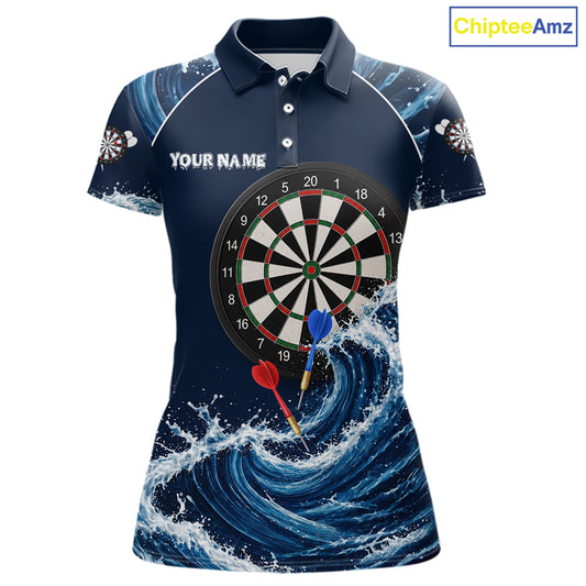 Blue Waving dartboard women's darts polo featuring flowing wave graphics, custom dart tournament jersey, personalized league apparel, precision-inspired performance clothing, steel tip darts uniform