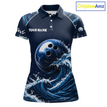Load image into Gallery viewer, Blue Waving women's bowling ball polo shirt featuring flowing wave graphics, personalized bowling team jersey, custom tournament apparel, league uniform, moisture-wicking performance polo, championship bowling clothing, athletic bowling apparel