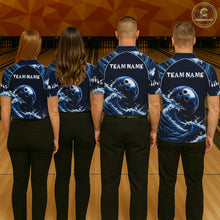Load image into Gallery viewer, Matching Blue Waving bowling team uniforms for men and women, custom bowling league jerseys, bowling tournament apparel, championship sportswear, bowling club clothing, team spirit performance uniforms