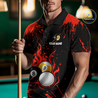 Red Splatter Flame 8 Ball & 9 Ball Pool Polo 1/4-Zip Shirt For Men Personalized Billiard Team Apparel NYN3971