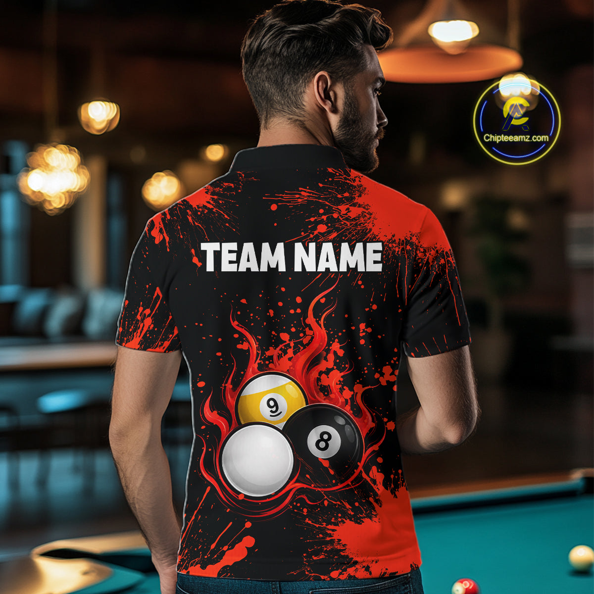 Red Splatter Flame 8 Ball & 9 Ball Pool Polo 1/4-Zip Shirt For Men Personalized Billiard Team Apparel NYN3971