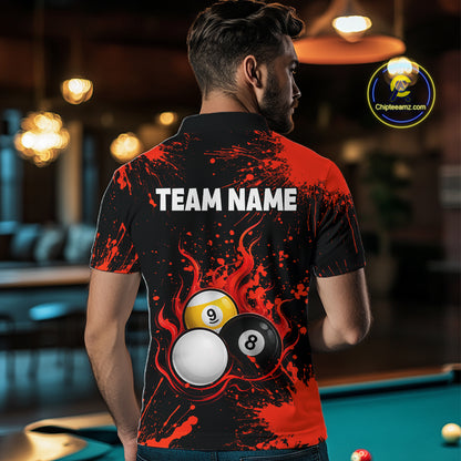Red Splatter Flame 8 Ball & 9 Ball Pool Polo 1/4-Zip Shirt For Men Personalized Billiard Team Apparel NYN3971