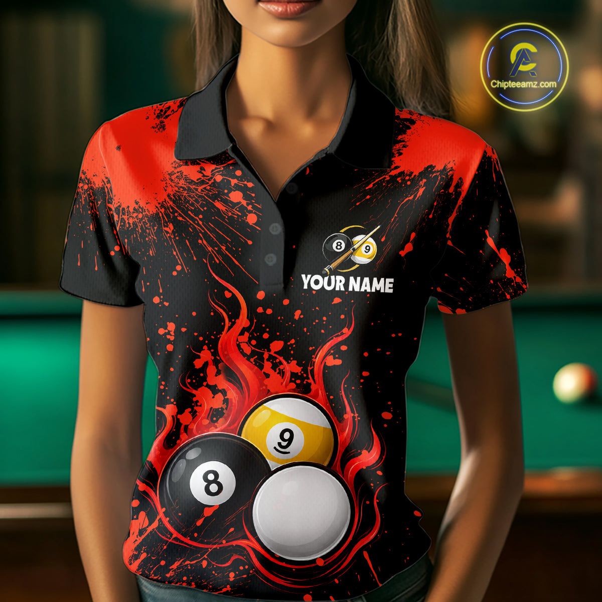 Red Splatter Flame 8 Ball & 9 Ball Pool Polo 1/4-Zip Shirt For Women Personalized Billiard Team Apparel NYN3971